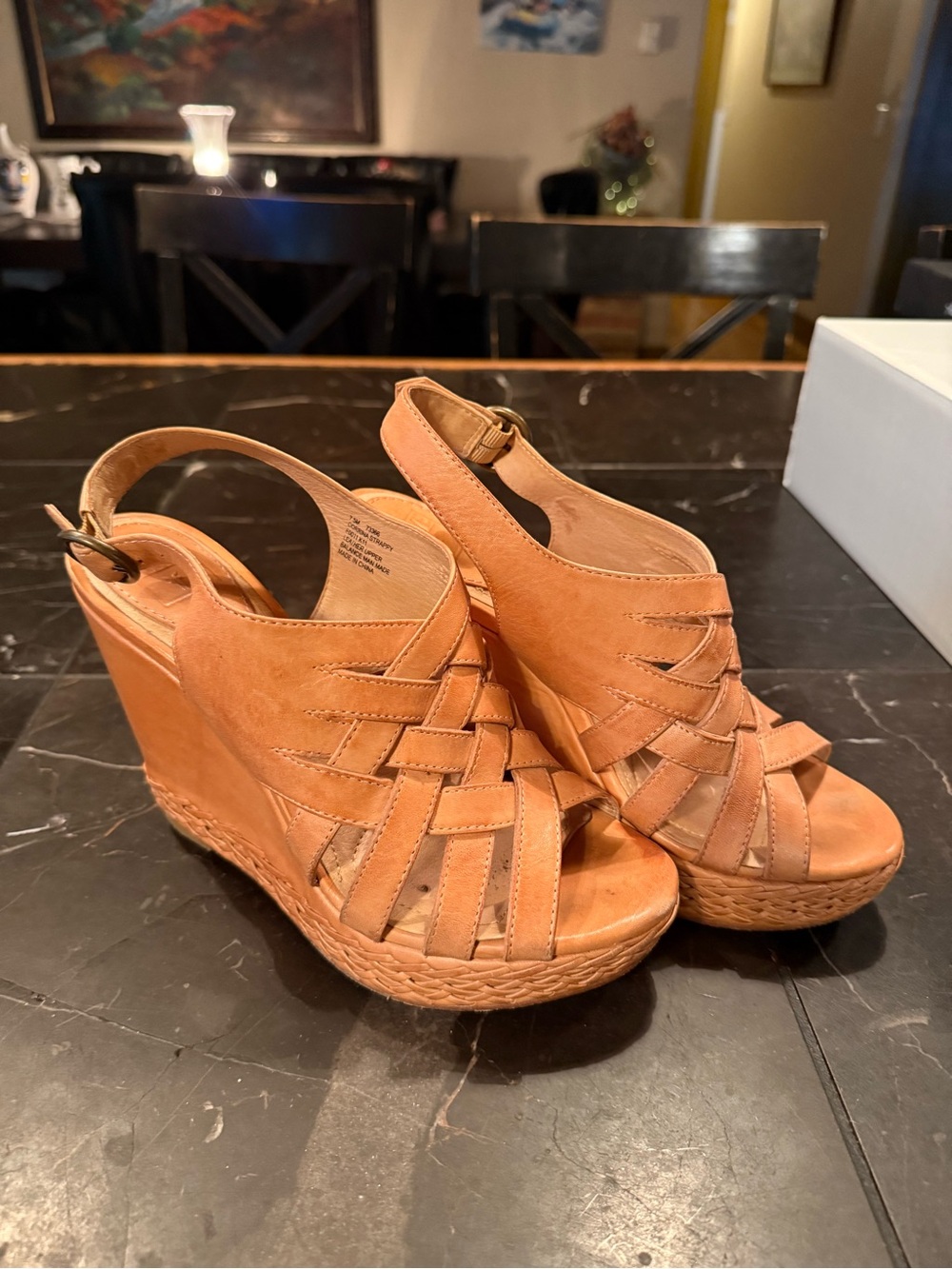Frye Tan Leather Wedge Sandals with Braided Platform
